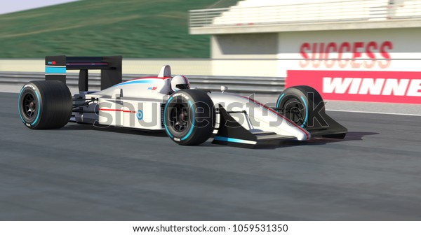 White Racing Car Crossing\
Finish Line And Winning The Race - High Quality 3D Rendering With\
Environment
