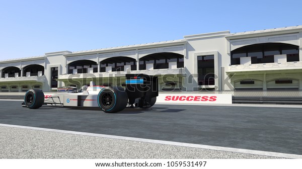 White Racing Car Crossing\
Finish Line On Racing Track - High Quality 3D Rendering With\
Environment