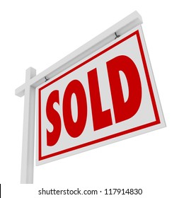 A white real estate for sale sign with the word Sold representing a successfully closed home, house or property transaction