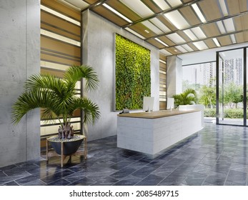 White Reception Desk In An Office Building With A Green Wall And Illuminated Wood Paneling And Flowerpots. 3D Rendering.