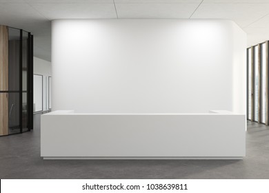 White reception desk standing in a white office corridor with a concrete floor. 3d rendering mock up
