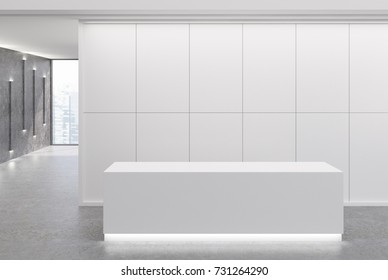 White reception desk is standing in an office lobby with pannel walls and large windows. Narrow lamps on gray walls. 3d rendering mock up
