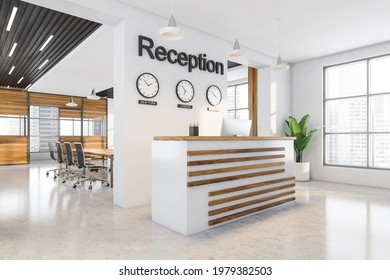 White Reception Interior And Conference Room On Background. Business Entrance With Table With Panoramic Windows, Clock On The Wall, 3D Rendering No People