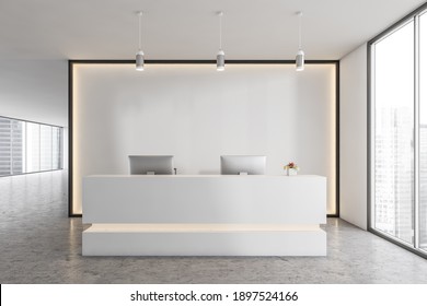 White reception room with two computers and armchairs. White wall with backlight, reception entrance with office desk near window, front view, marble floor 3D rendering, no people