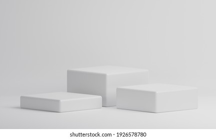 White Rectangle Cube Product Showcase Table On Isolate Background. Abstract Minimal Geometry Concept. Studio Podium Platform. Exhibition And Business Presentation Stage. 3D Illustration Render Graphic