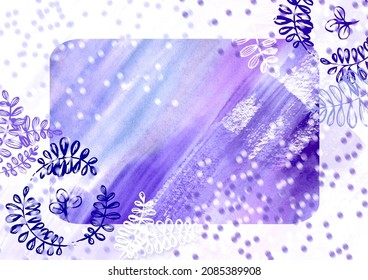 White Rectangular Watercolor Frame on Winter snowy Background. Colorful violet and purple Backdrop with floral elements