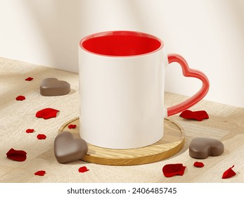 White and Red Heart Shaped Handle 11 oz Ceramic Mug Mock Up with Soft Window Shadows on a Wooden Floor Table Bench with Red Petals and Chocolates. Valentine’s Day concept as 3D Rendering