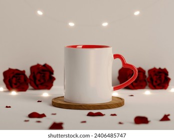 White and Red Heart Shaped Handle 11 oz Ceramic Mug Valentine’s Day concept with Red Roses and Bright Background Lights Unfocused as 3D Rendering.