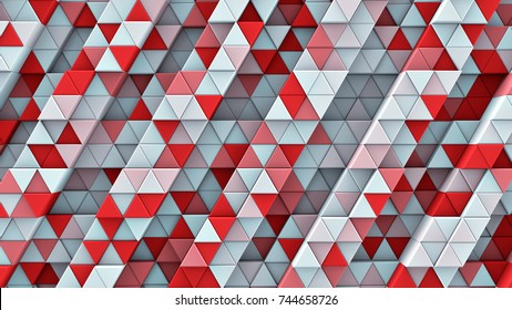 White and red linear extruded triangles. Abstract geometric background. 3D render illustration