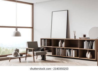 White relax corner interior with armchair and coffee table, dresser with books and art decoration, hardwood floor. Panoramic window on countryside view. Mock up canvas poster, 3D rendering