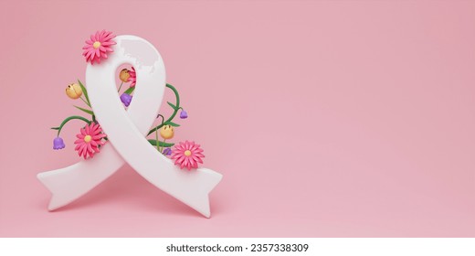 White ribbon with flowers and copy space for Breast Cancer Awareness Month and World Cancer Day banner background design in 3D illustration.. - Powered by Shutterstock