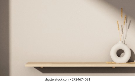 White ring shaped flower vase on floated hanging wooden shelf with sunlight shining on plain wall. Product Display, 3D Rendering, 3D illustration.