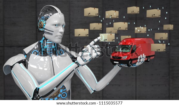 A\
white robot controls the logistics. 3d\
illustration.