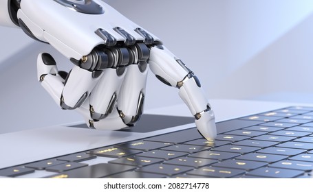 White Robot Cyborg Hand Pressing A Keyboard On A Laptop. 3D Illustration