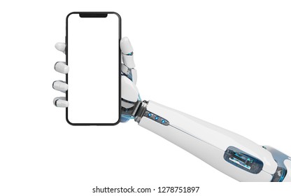 White Robot Hand Holding Modern Smartphone Mockup On White Background 3d Rendering