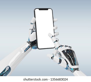 White robot hand holding modern smartphone mockup on grey background 3d rendering