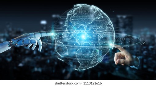 White robot hand on blurred background using globe network hologram with America Usa map 3D rendering - Shutterstock ID 1113121616