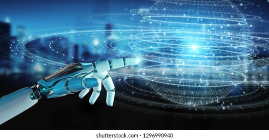White robot hand on blurred background using digital sphere connection hologram 3D rendering