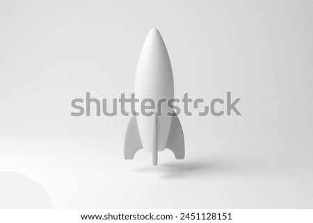White rocket-like spaceship floating in mid air on white background in monochrome and minimalism. 3D illustration of the concept of astrology, space exploration and technology