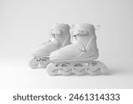 White rollerblade inline skates on white background in monochrome and minimalism. 3D illustration of the concept of roller skating, sports and product mockup