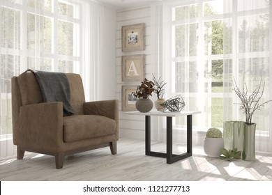 White room with armchair and green landscape in window. Scandinavian interior design. 3D illustration - Shutterstock ID 1121277713