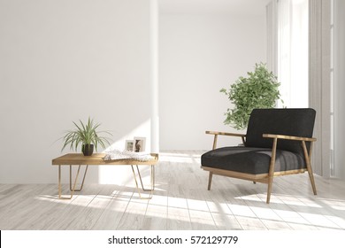 White Room With Armchair And Table. Scandinavian Interior Design. 3D Illustration