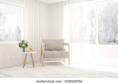 White Room With Armchair And Winter Landscape In Window. Scandinavian Interior Design. 3D Illustration