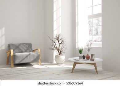 White Room With Armchair And Winter Landscape In Window. Scandinavian Interior Design. 3D Illustration