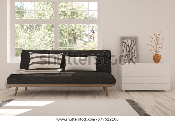 White Room Black Sofa Green Landscape Stockillustration
