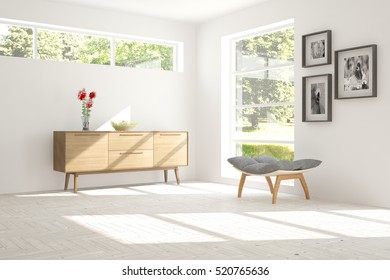 White room with chair and green landscape in window. Scandinavian interior design. 3D illustration - Shutterstock ID 520765636