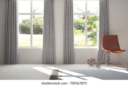 White room with chair and green landscape in window. Scandinavian interior design. 3D illustration - Shutterstock ID 709567873