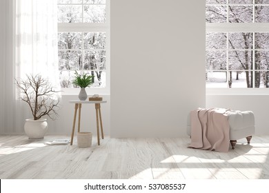 White room with chair and winter landscape in window. Scandinavian interior design. 3D illustration