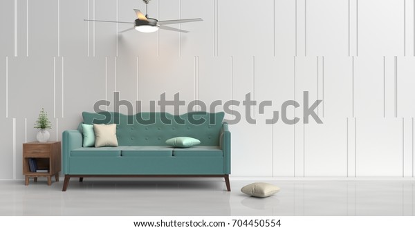 White room decorated with green sofa, tree\
in glass vase, green&cream pillows, Blue book, Wood bedside\
table, Ceiling Fan,  White cement wall it is grid pattern and white\
cement floor. 3d\
rendering.