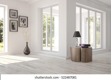 White Room With Furniture And Green Landscape In Window. Scandinavian Interior Design. 3D Illustration