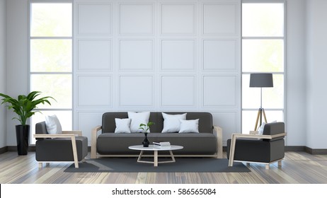 Weiße Inneneinrichtung und schwarze Möbel aus dunklem Holz, Boden aus weißem Holz / 3D-Rendering