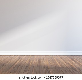 White Room Interior With A Lot Of A Empty Space, Sunlight On A Wooden Floor, Large Wall, White Landscape In Window. Background Interior. Home Nordic Interior. 3D Illustration