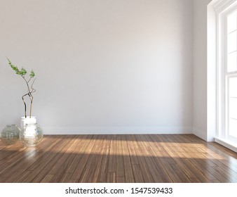 White Room Interior With A Lot Of A Empty Space, Sunlight On A Wooden Floor, Large Wall, White Landscape In Window. Background Interior. Home Nordic Interior. 3D Illustration