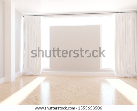 White room interior with a lot of empty space, wooden floor, large wall, white landscape in window with curtains. Background interior. Home nordic interior. 3D illustration
