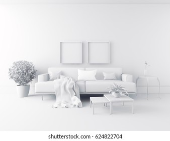 White Room Interior With Furniture. Scandinavian Interior Design. 3d Illustration