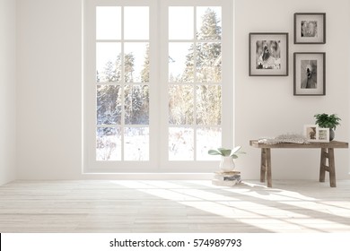 White room with modern furniture and winter landscape in window. Scandinavian interior design. 3D illustration