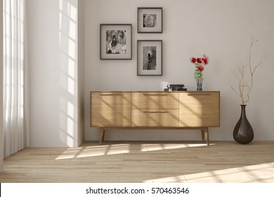 White room with modern shelf. Scandinavian interior design. 3D illustration - Shutterstock ID 570463546