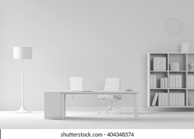 White Room As Office With Desk And Laptop Computer (3D Rendering)