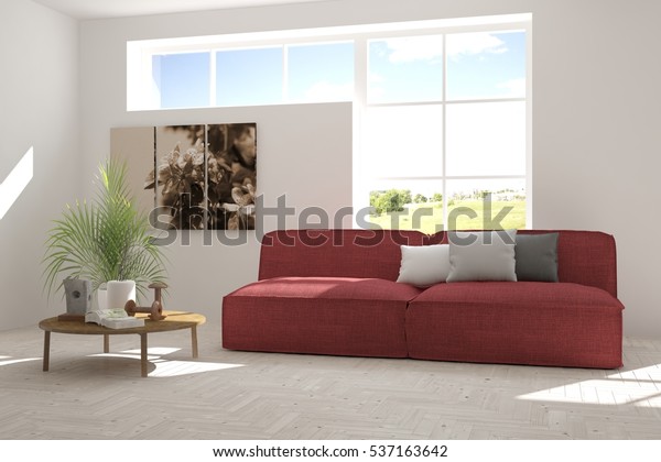 White Room Red Sofa Green Landscape Stockillustration 537163642