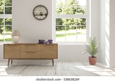 White room with shelf and green landscape in window. Scandinavian interior design. 3D illustration - Shutterstock ID 538658269