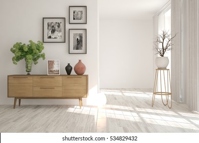 White Room With Shelf. Scandinavian Interior Design. 3D Illustration