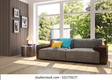 White Room With Sofa And Green Landscape In Window. Scandinavian Interior Design. 3D Illustration