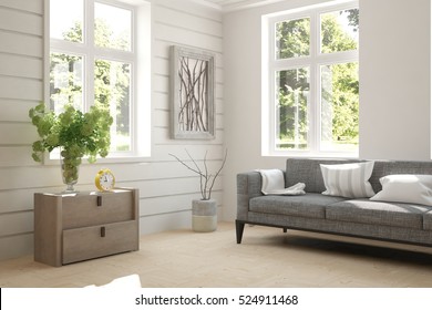 White room with sofa and green landscape in window. Scandinavian interior design. 3D illustration - Shutterstock ID 524911468