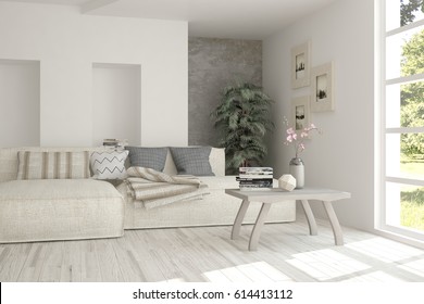 White room with sofa and green landscape in window. Scandinavian interior design. 3D illustration - Shutterstock ID 614413112