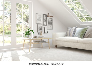 White Room With Sofa And Green Landscape In Window. Scandinavian Interior Design. 3D Illustration