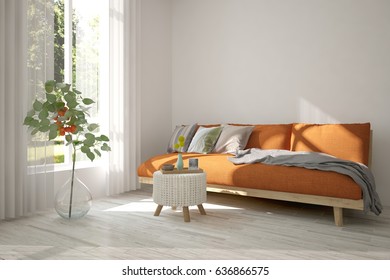 White room with sofa and green landscape in window. Scandinavian interior design. 3D illustration - Shutterstock ID 636866575